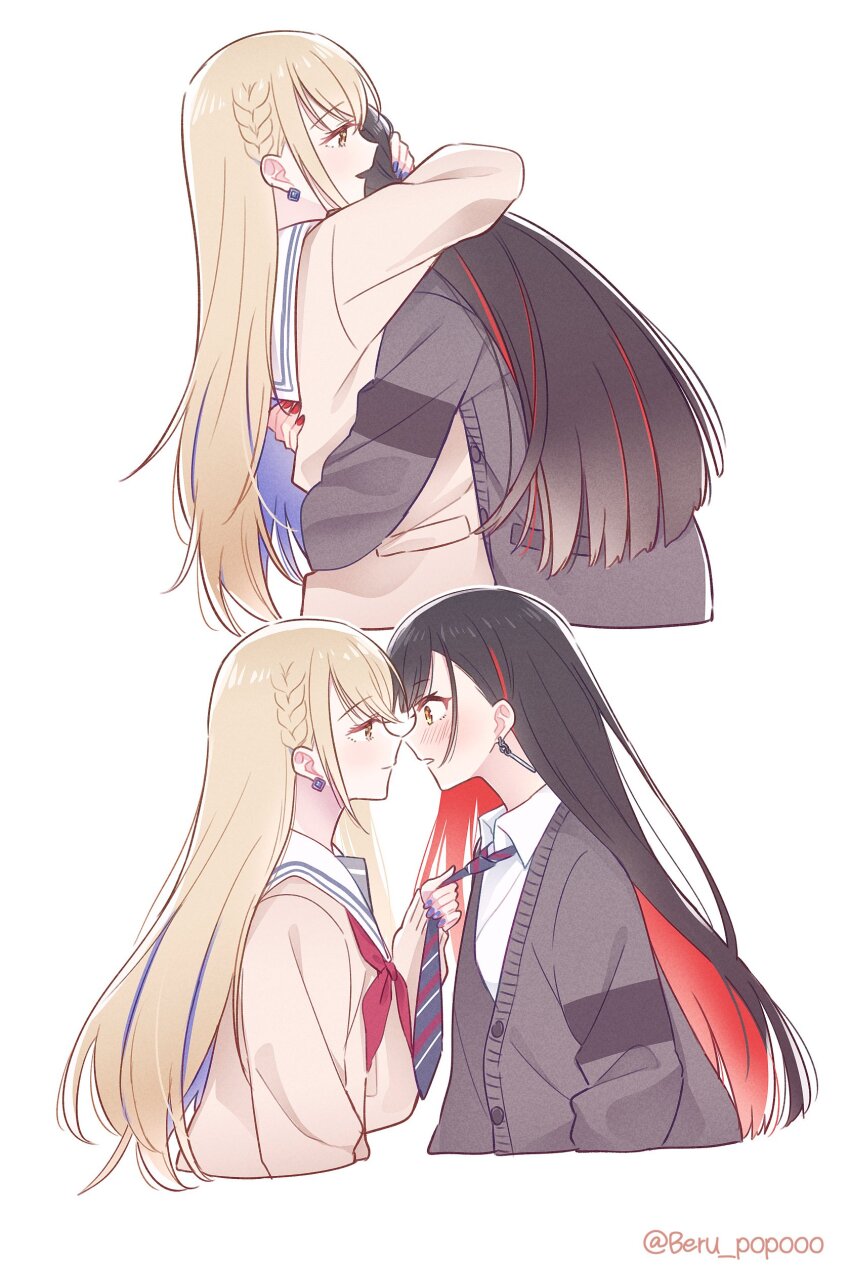 2girls absurdres arms_around_neck azusawa_kohane beru_popooo black_cardigan black_hair black_necktie blonde_hair blue_hair blush braid brown_shirt cardigan closed_mouth clothes_grab collared_shirt colored_inner_hair commentary_request earrings eye_contact highres hug jewelry long_hair looking_at_another multicolored_hair multiple_girls neckerchief necktie necktie_grab neckwear_grab parted_lips project_sekai red_hair red_nails red_neckerchief sailor_collar school_uniform serafuku shiraishi_an shirt side_braid simple_background smile striped_necktie whip_the_wimp_girl!!_(project_sekai) white_background white_sailor_collar white_shirt yellow_eyes yuri