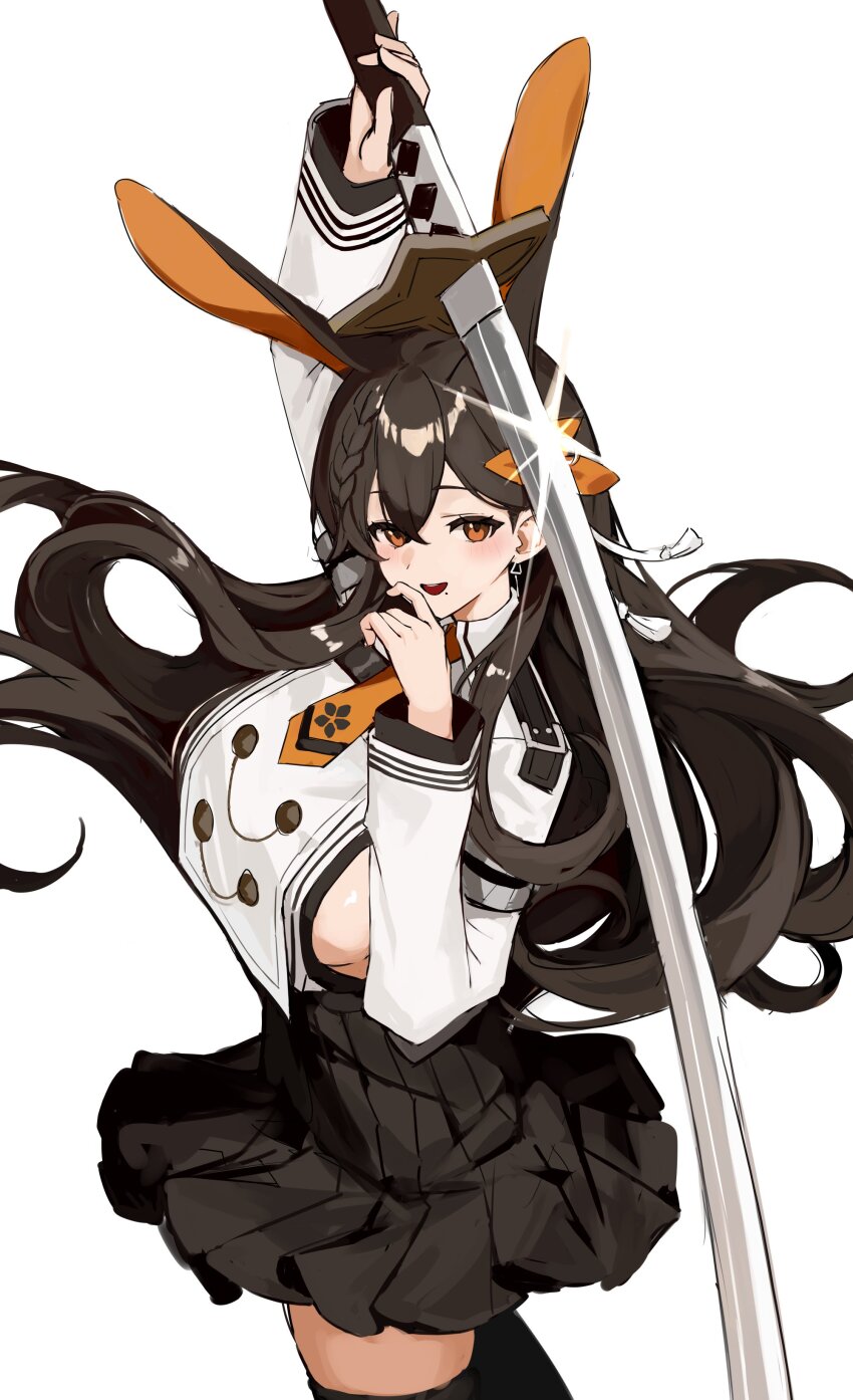 1girl absurdres animal_ears arm_up azur_lane black_thighhighs braid braided_bangs breasts brown_eyes brown_hair chikuma_(azur_lane) chinese_commentary commentary_request cowboy_shot dress hair_between_eyes hair_ornament highres holding holding_sword holding_weapon huge_breasts huge_weapon katana long_hair long_sleeves looking_at_viewer mole mole_under_mouth open_mouth rabbit_ears rabbit_girl shiro_wa_(shiroshironix) shoes short_dress sideboob simple_background solo sword teeth thighhighs upper_teeth_only weapon white_background white_shoes zettai_ryouiki