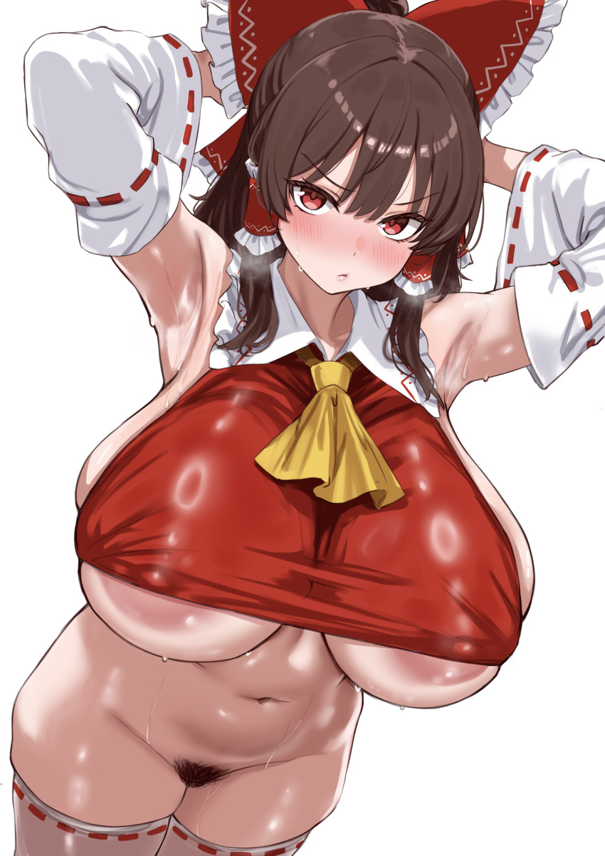 1girl absurdres areola_slip armpits arms_up ascot bare_shoulders blush bow breasts brown_hair commentary covered_erect_nipples cropped_shirt detached_sleeves female_pubic_hair hair_bow hair_tubes hakurei_reimu highres huge_breasts john_zhang looking_at_viewer medium_hair navel no_panties pubic_hair red_eyes red_shirt shirt sidelocks solo thighhighs touhou white_thighhighs