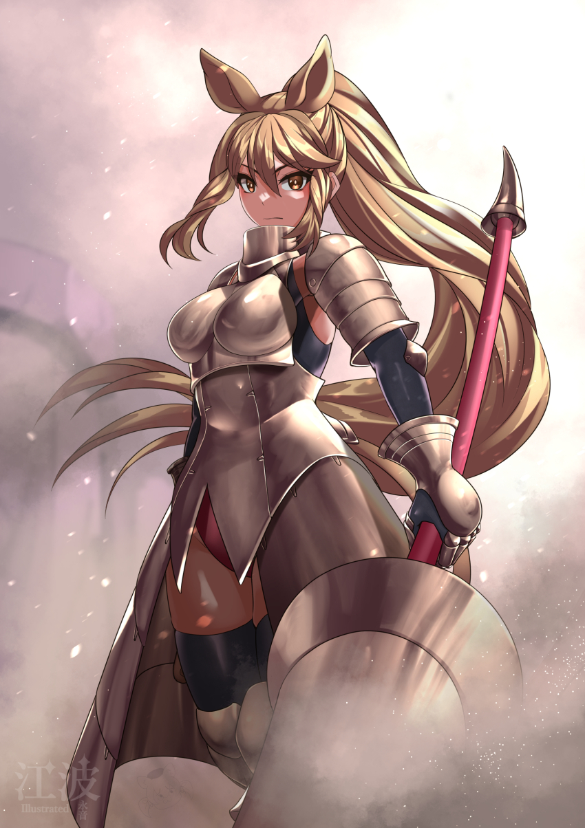 1girl absurdres animal_ears armor armored_boots armored_dress arms_at_sides blonde_hair boots breastplate closed_mouth dress elbow_gloves extra_ears feet_out_of_frame gauntlets gloves hair_between_eyes highres holding holding_polearm holding_weapon kawanami_eito kemono_friends leotard leotard_under_clothes long_hair looking_at_viewer polearm rhinoceros_ears serious shoulder_armor skindentation solo thighhighs very_long_hair walking weapon white_rhinoceros_(kemono_friends) yellow_eyes