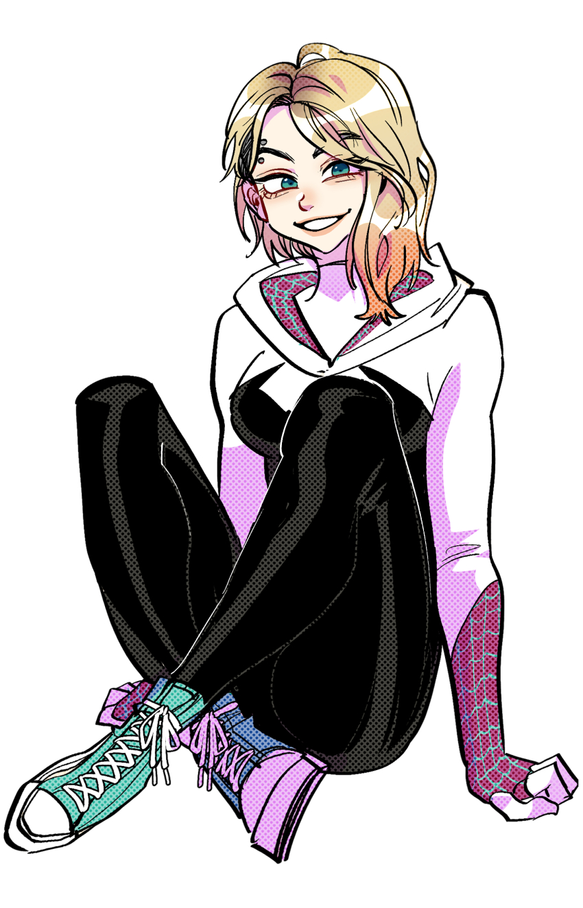 1girl blonde_hair blue_eyes bodysuit breasts eyebrow_piercing face_piercing gradient_eyes grin gwen_stacy highres hood hood_down hooded_bodysuit looking_at_viewer margare marvel medium_breasts medium_hair multicolored_eyes multicolored_hair piercing shoes simple_background sitting smile sneakers solo spider-man:_into_the_spider-verse spider-man_(series) spider-verse white_background