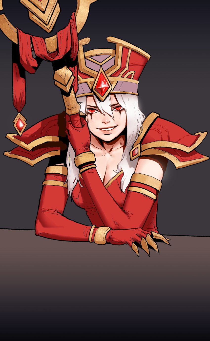1girl absurdres armor breasts claw_(weapon) cleavage elbow_gloves gem gloves gogalking gradient_background grey_background hair_between_eyes hat highres holding holding_staff large_breasts long_hair looking_at_viewer pauldrons red_eyes red_gloves sally_whitemane shoulder_armor smile solo staff warcraft weapon white_hair world_of_warcraft