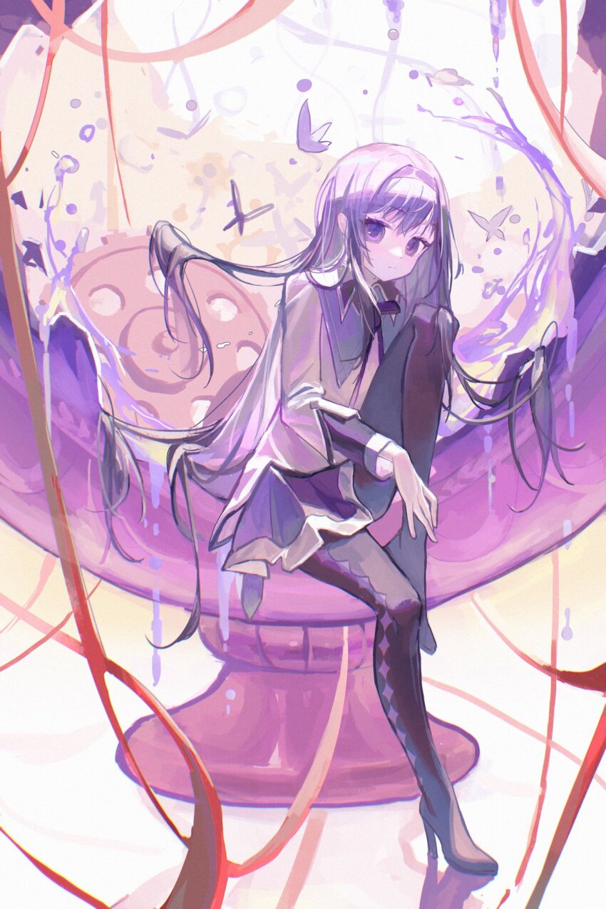 1girl akemi_homura akemi_homura_(magical_girl) argyle_clothes argyle_pantyhose black_hair black_hairband black_pantyhose bug butterfly closed_mouth commentary gears hairband highres insect knee_up long_hair long_sleeves looking_at_viewer magical_girl mahou_shoujo_madoka_magica mahou_shoujo_madoka_magica_(anime) pantyhose purple_butterfly purple_eyes purple_skirt red_ribbon ribbon sitting skirt solo symbol-only_commentary very_long_hair wusubamineko