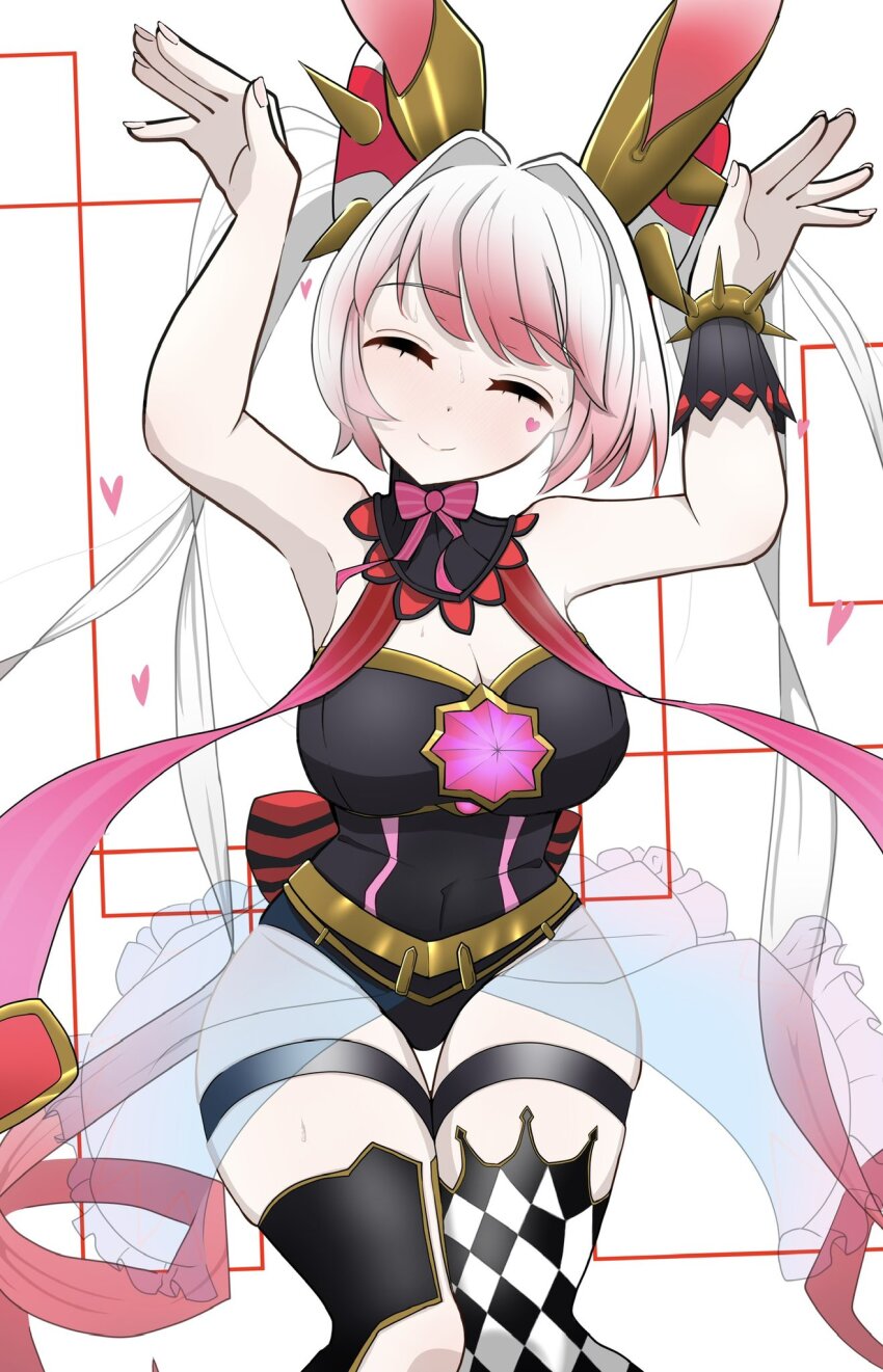 1girl animal_ears armpits arms_up asymmetrical_legwear bare_shoulders black_leotard blush breasts checkered_clothes checkered_legwear cleavage closed_eyes closed_mouth covered_navel detached_collar duel_monster embarrassed hairband highres large_breasts leotard long_hair maliss_&lt;p&gt;_white_rabbit multicolored_hair rabbit_ears rabbit_girl red_ribbon ribbon see-through_clothes see-through_skirt sitting skirt smile solo spiked_hairband spiked_wristband spikes sweat thigh_strap two-tone_hair very_long_hair white_background wize_(adklahniehov6ib) yu-gi-oh!