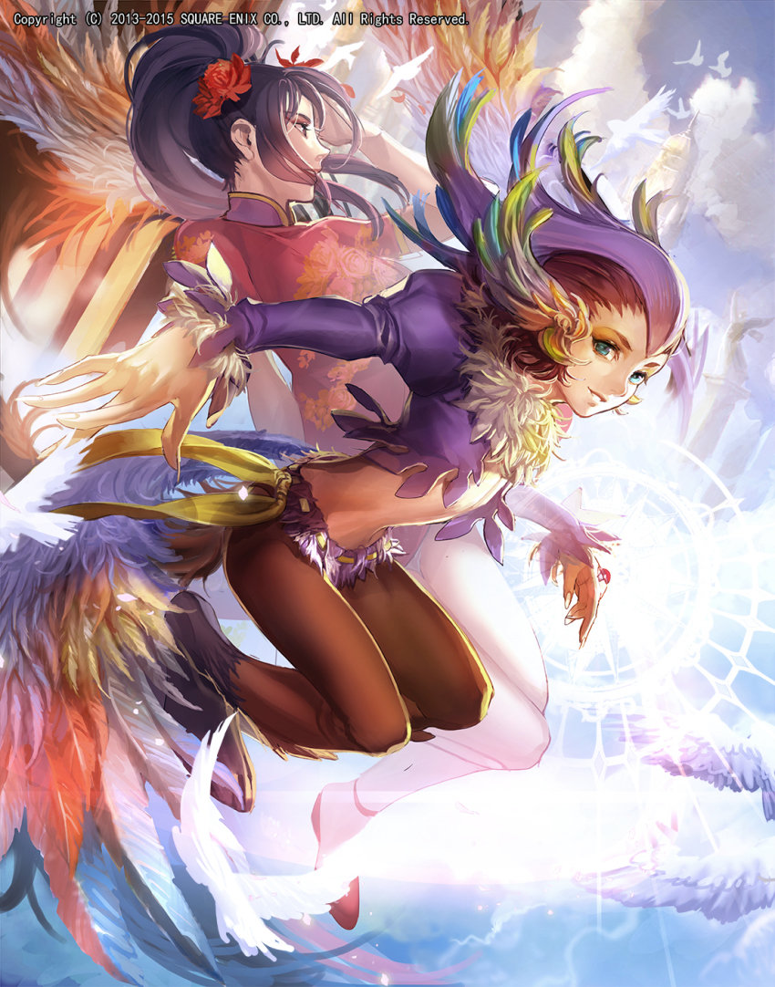 1boy 1girl bird breasts china_dress chinese_clothes closed_mouth commentary_request dress emperors_saga feet highres liduke long_hair looking_at_viewer mei_ling monster_boy official_art open_mouth riki_(saga) saga saga_frontier smile tail