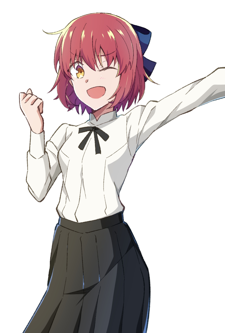 1girl ;d alternate_costume arm_up azami_masurao black_ribbon black_skirt blue_bow bow commentary_request cosplay hair_between_eyes hair_bow highres kohaku_(tsukihime) long_sleeves looking_at_viewer neck_ribbon one_eye_closed open_mouth red_hair ribbon shirt short_hair simple_background skirt smile solo tohno_akiha toono_akiha_(cosplay) tsukihime tsukihime_(remake) white_background white_shirt yellow_eyes