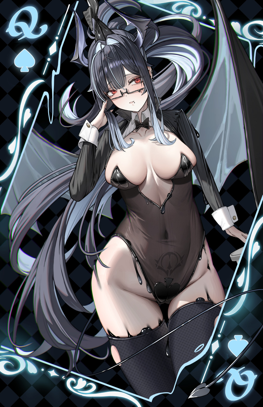 1girl absurdres adjusting_eyewear alternate_costume animal_ear_hairband animal_ears bahamut_(nikke) black_boots black_bow black_bowtie black_hair black_leotard black_liquid black_shrug boots bow bowtie breasts checkered_background cleavage collarbone commentary covered_navel cowboy_shot demon_girl detached_collar ear_piercing earclip fake_animal_ears glasses goddess_of_victory:_nikke grey_hair groin hair_between_eyes hair_intakes hairband highleg highleg_leotard highres horns ko_uniii leotard liquid_clothes long_hair long_sleeves looking_at_viewer medium_breasts mole mole_under_mouth multicolored_hair parted_lips piercing playboy_bunny ponytail pubic_tattoo rabbit_ear_hairband rabbit_ears red_eyes see-through_clothes semi-rimless_eyewear shrug_(clothing) sidelocks skindentation solo standing strapless strapless_leotard table tattoo thigh_boots two-tone_hair under-rim_eyewear white_wrist_cuffs wrist_cuffs