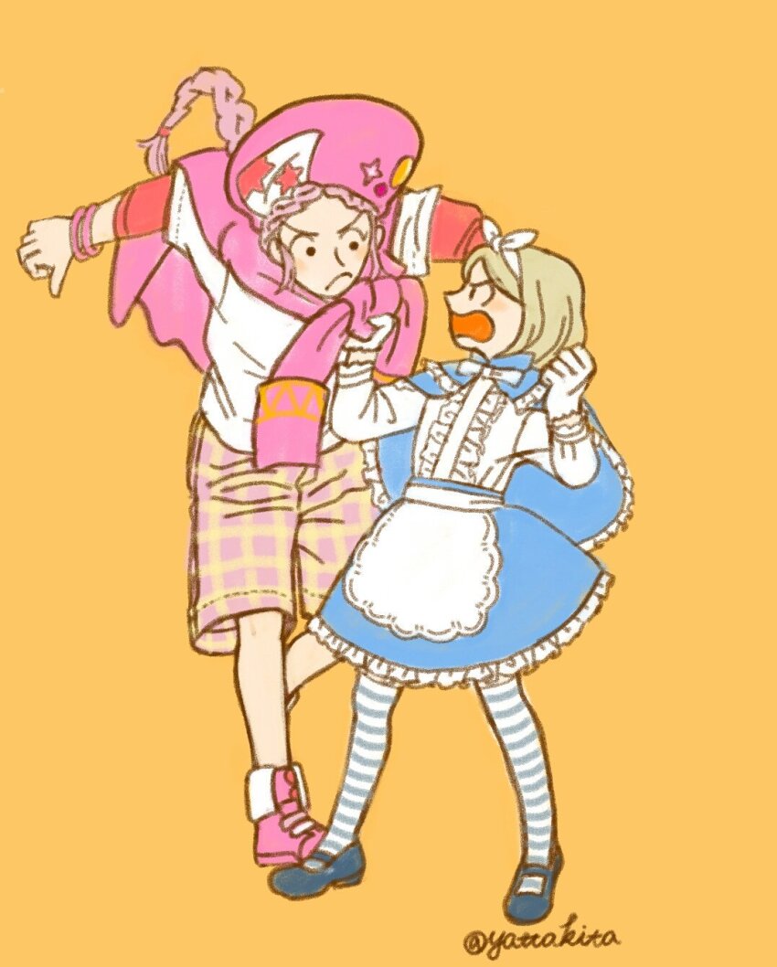 1boy 1girl angry blue_capelet blue_skirt bracelet braid capelet center_frills classicaloid clothes_grab frilled_capelet frilled_skirt frills gloves highres jacket jacket_around_neck jewelry long_hair looking_at_another pantyhose pink_hair pink_jacket pink_shoes pyotr_illyich_tchaikovsky_(classicaloid) shirt shoes shorts skirt striped_clothes striped_pantyhose white_gloves white_shirt wolfgang_amadeus_mozart_(classicaloid) yatta_kita yellow_background