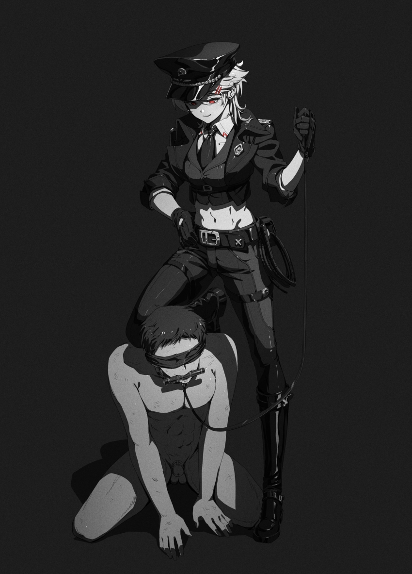 1boy 1girl absurdres belt blindfold boots chastity_cage earrings femdom gloves hair_ornament hairclip hand_on_own_hip hat highres holding holding_leash jacket jewelry leash military_uniform monochrome navel necktie ni3e2a1en1 original peaked_cap red_eyes whip