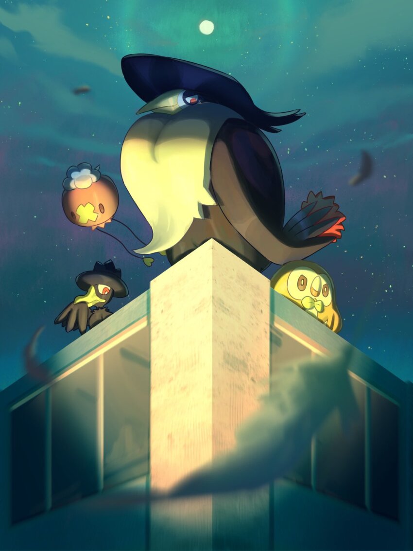 bird blurry blurry_foreground building closed_mouth commentary_request drifloon falling_feathers feathers from_below gen_2_pokemon gen_4_pokemon gen_7_pokemon highres honchkrow looking_down mokukitusui moon murkrow night nintendo outdoors pokemon pokemon_(creature) rowlet sky