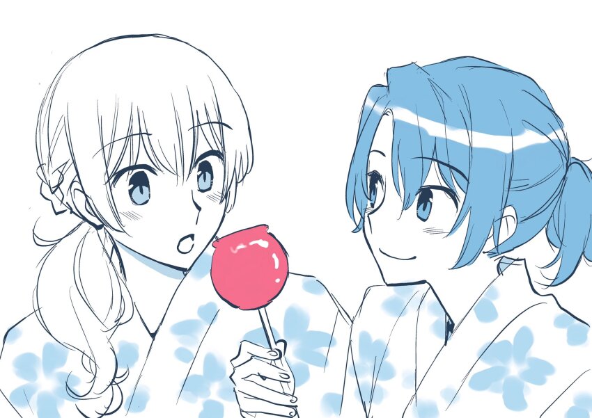 2girls blue_outline candy candy_apple edamoto_haru floral_print floral_print_kimono food highres holding holding_candy holding_food japanese_clothes kimono long_hair looking_at_another monochrome multiple_girls outline ponytail print_kimono saeki_sayaka short_hair short_ponytail sidelocks summer_festival warder2013 yagate_kimi_ni_naru yagate_kimi_ni_naru:_saeki_sayaka_ni_tsuite yuri