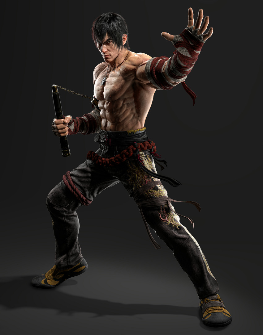 1boy 3d abs absurdres bandaged_hand bandages black_hair black_pants black_shoes brown_eyes fighting_stance full_body highres holding holding_nunchaku holding_weapon jewelry legs_apart looking_at_viewer male_focus marshall_law muscular muscular_male necklace non-web_source nunchaku official_art pants scar scar_on_chest shoes short_hair solo tekken tekken_8 topless_male weapon