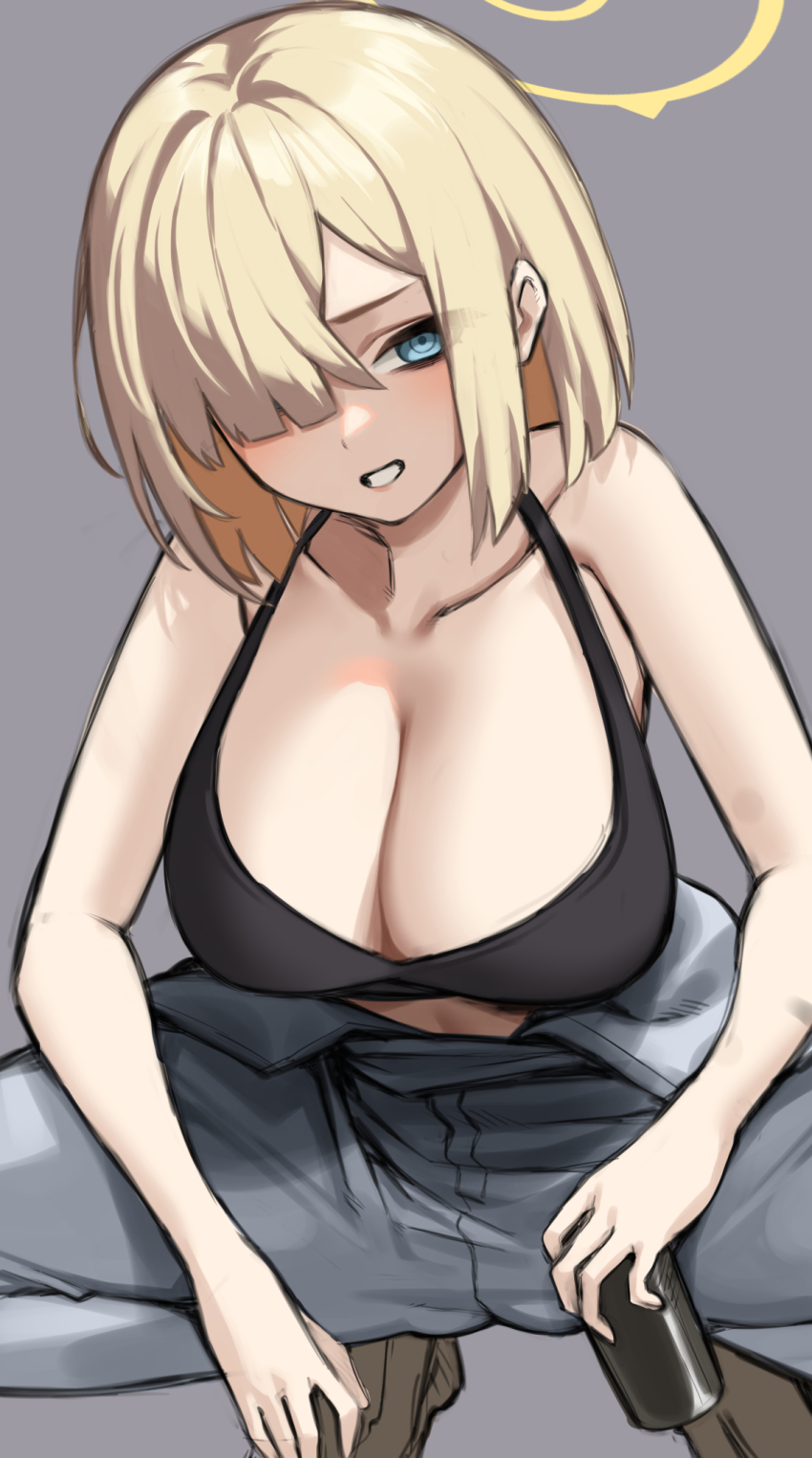 1girl bare_arms black_bra blonde_hair blue_archive blue_eyes bra breasts brown_shoes can character_request cleavage grey_background grey_overalls grin hair_over_one_eye halo highres holding holding_can kumamiya large_breasts looking_at_viewer medium_hair overalls overalls_pull shoes simple_background smile solo squatting underwear yellow_halo