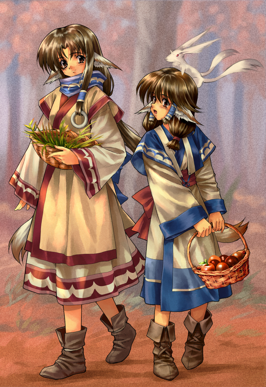 1990s_(style) 2girls absurdres animal animal_ear_fluff animal_ears animal_on_head apple aruruu basket blue_capelet blunt_ends blush boots brown_eyes brown_footwear brown_hair capelet closed_mouth commentary dress eruruu food foreshortening fruit full_body hair_between_eyes hair_tubes herb highres holding holding_basket long_hair long_sleeves longmei_er_de_tuzi looking_at_another low_ponytail multiple_girls on_head open_mouth outdoors ponytail retro_artstyle smile standing tail tareme utawarerumono white_dress wide_sleeves