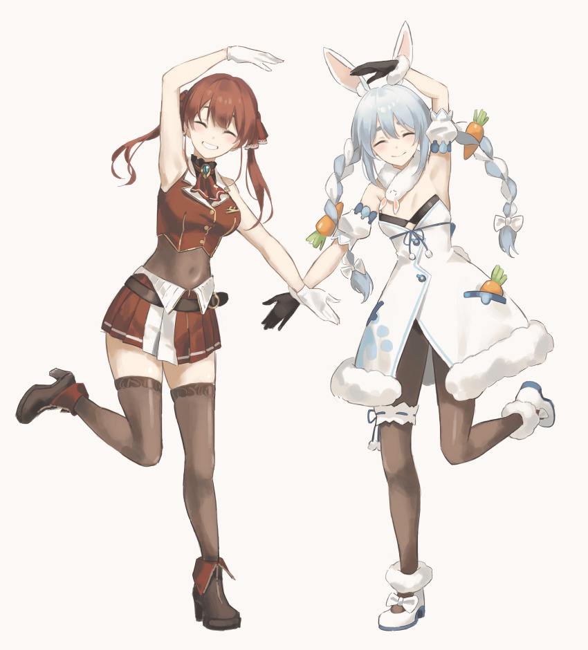 2girls absurdres animal_ears ankle_boots ankle_garter ascot black_gloves black_leotard black_pantyhose black_thighhighs blue_hair boots braid breasts brooch brown_thighhighs carrot_hair_ornament closed_eyes coat coat_dress colored_shoe_soles commentary cropped_jacket cutout_above_navel detached_sleeves don-chan_(usada_pekora) dress extra_ears facing_viewer fold-over_boots food-themed_hair_ornament frilled_thigh_strap full_body fur-trimmed_coat fur-trimmed_gloves fur_scarf fur_trim gloves gold_trim hair_between_eyes hair_ornament hair_ribbon heart_arms_duo high_heel_boots high_heels highres hololive houshou_marine houshou_marine_(1st_costume) jacket jewelry knee_up kyoko_(zeprii4) lace lace-trimmed_legwear lace_trim lapel_pin leather leather_boots leotard leotard_under_clothes long_hair mary_janes medium_breasts miniskirt multicolored_hair multiple_girls pantyhose pleated_skirt puffy_detached_sleeves puffy_short_sleeves puffy_sleeves rabbit_ears rabbit_girl rabbit_tail red_ascot red_hair red_jacket red_ribbon red_skirt ribbon scarf see-through_clothes see-through_leotard shoes short_eyebrows short_sleeves sidelocks simple_background skirt sleeveless sleeveless_jacket small_breasts smile standing standing_on_one_leg strapless strapless_leotard swept_bangs symbol-only_commentary symmetrical_pose tail thick_eyebrows thigh_strap thighhighs twin_braids twintails two-tone_hair usada_pekora usada_pekora_(1st_costume) virtual_youtuber white_coat white_footwear white_hair white_scarf white_sleeves