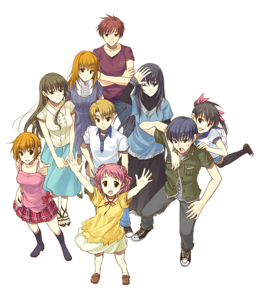 3boys 6+girls akanegasaki_sora arm_up arms_up black_eyes black_hair black_legwear blue_hair boots bow brother_and_sister brown_eyes brown_hair crossed_arms dress ever_17 everyone family fang father_and_daughter father_and_son finger_gun from_above glomp green_hair hair_bobbles hair_ornament hand_on_own_hip highres hokuto_(ever_17) hug husband_and_wife kaburaki_ryougo komachi_tsugumi kuranari_takeshi long_hair looking_up matsunaga_sara mother_and_daughter mother_and_son multiple_boys multiple_girls one_eye_closed open_mouth pink_hair plaid_clothes plaid_skirt pleated_skirt red_eyes shoes short_hair siblings skirt smile sneakers spoilers standing takigawa_yuu tanaka_yubiseiakikana tanaka_yubiseiharukana thighhighs twintails wink yagami_coco