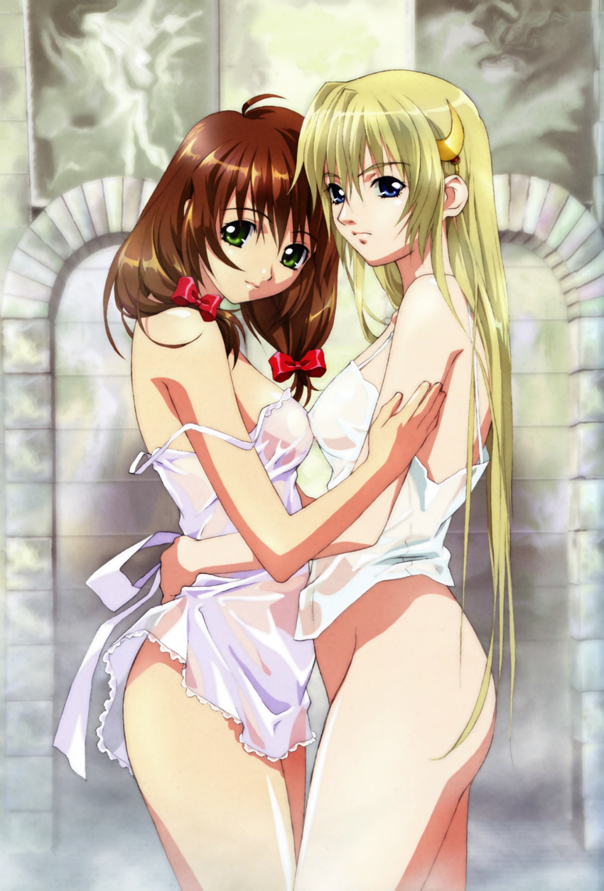2girls absurdres blonde_hair blue_eyes breast_press brown_hair green_eyes highres mew multiple_girls no_panties rin-sin see-through sharon symmetrical_docking words_worth yuri
