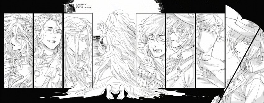 210_(reverse:1999) 37_(reverse:1999) 3boys 5girls 6_(reverse:1999) barefoot boater_hat bow circlet closed_eyes coat column_lineup crying crying_with_eyes_open enigma_(reverse:1999) eyewear_strap faceless facing_away food-themed_hair_ornament from_behind glasses grape_hair_ornament greyscale gyujik_qzc hair_ornament hand_up hat hat_bow highres holding holding_umbrella humanoid_robot jacket joints kakania_(reverse:1999) long_hair looking_at_viewer lucy_(reverse:1999) monochrome multiple_boys multiple_girls open_mouth outstretched_arm profile reverse:1999 robot robot_girl robot_joints round_eyewear short_hair smile sophia_(manus_vindictae)_(reverse:1999) sophia_(reverse:1999) streaming_tears surprised sweat tears umbrella vertin_(reverse:1999) very_long_hair