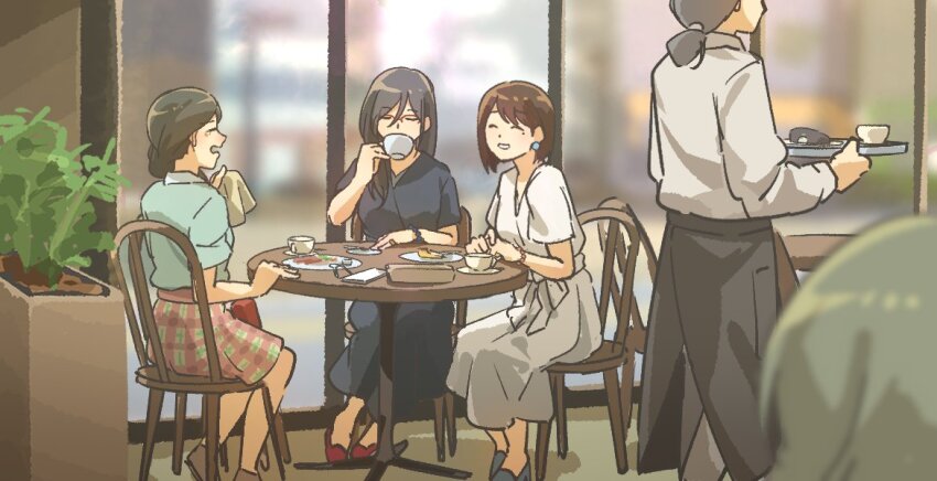 1other 4girls black_dress black_hair blue_shirt blurry blurry_foreground bracelet brown_hair cafe chair checkered_clothes checkered_skirt crying cup dress earrings food fuyuhino grin hibike!_euphonium holding holding_cup jewelry long_hair low_ponytail mole mole_under_eye multiple_girls nakaseko_kaori ogasawara_haruka pearl_bracelet plant ponytail red-framed_eyewear shirt skirt smile table tanaka_asuka tearing_up waitress white_dress wide_shot window