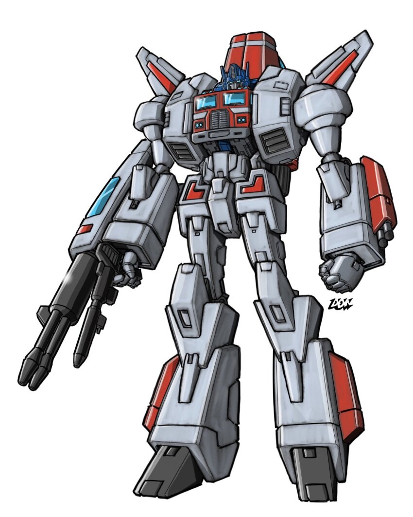 arm_cannon artist_name blue_eyes clenched_hands don_allan_figueroa fusion gun highres holding holding_gun holding_weapon jetfire looking_ahead mecha mecha_focus no_humans optimus_prime robot science_fiction simple_background transformers transformers:_generation_1 weapon white_background