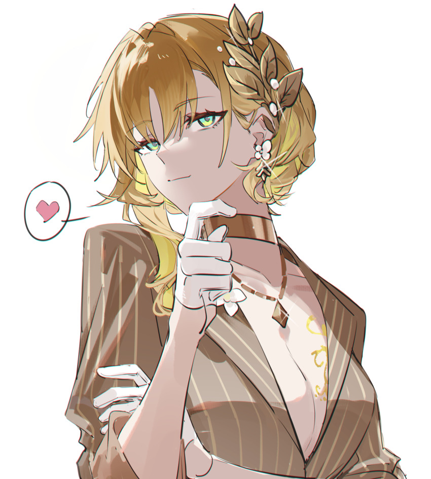 1girl aglaea_(fashion)_(honkai:_star_rail) aglaea_(honkai:_star_rail) blonde_hair breast_tattoo breasts choker cleavage gloves grey_shirt hair_ornament hand_up heart highres honkai:_star_rail honkai_(series) looking_at_viewer official_alternate_costume shirt short_hair simple_background smile solo spoken_heart tattoo upper_body white_background white_gloves xianyuqihaouki yellow_eyes