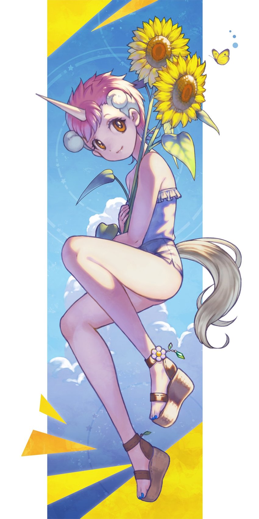 1girl alternate_costume bare_legs bare_shoulders blush commentary_request flower highres horns horse_tail kemono_friends kemono_friends_3 masanari_sore one-piece_swimsuit orange_eyes pink_hair platform_sandals sandals short_hair sleeveless solo sunflower swimsuit tail unico unico_(kemono_friends) unicorn_girl white_one-piece_swimsuit