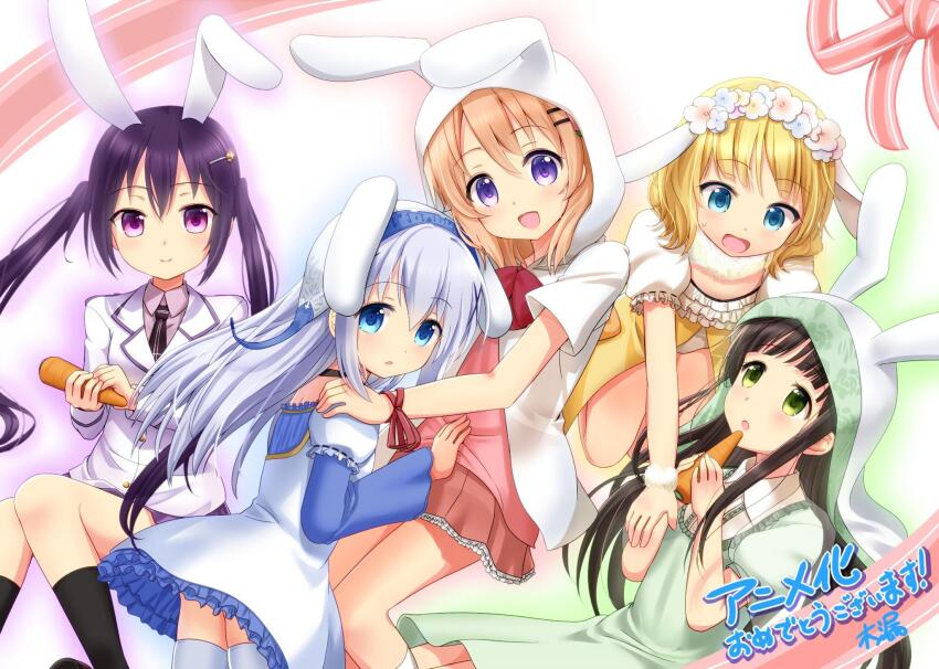 5girls :d abstract_background animal_ears animal_hood aqua_eyes ass_peek black_choker black_necktie black_socks blue_dress blue_eyes blue_theme breasts buttons carrot choker collared_shirt dot_nose dress fake_animal_ears flat_chest flower flower_hairband frilled_dress frilled_skirt frills gochuumon_wa_usagi_desu_ka? green_dress green_theme hair_flower hair_ornament hairclip highres holding holding_carrot hood hood_up hoodie hoto_cocoa kafuu_chino kirima_syaro komori-san_(artist) layered_sleeves long_hair long_sleeves looking_at_another looking_at_viewer medium_hair multiple_girls necktie open_mouth orange_hair pink_shirt pink_skirt pleated_skirt puffy_short_sleeves puffy_sleeves purple_eyes purple_hair purple_shirt purple_skirt purple_theme rabbit_ears rabbit_hood red_theme school_uniform shirt short_over_long_sleeves short_sleeves simple_background skirt small_breasts smile socks sweatdrop tedeza_rize thighhighs twintails ujimatsu_chiya very_long_hair white_hoodie white_shirt white_thighhighs yellow_theme zettai_ryouiki
