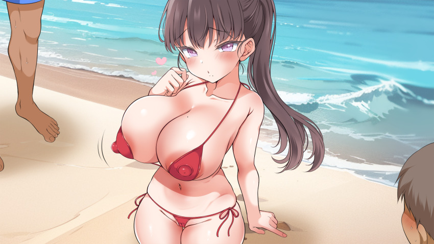 1girl 2boys :o areola_slip bare_arms beach bikini blush breasts brown_hair cameltoe cleavage collarbone curvy hair_between_eyes heart highres huge_breasts long_hair marron_marron multiple_boys navel ocean original outdoors ponytail purple_eyes red_bikini side-tie_bikini_bottom standing swimsuit toes