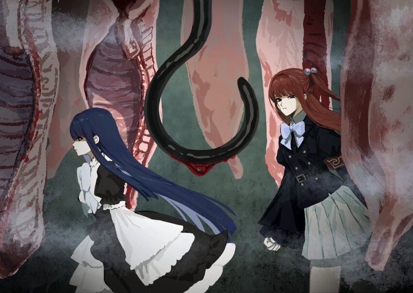 2girls armband beads belt black_dress black_jacket blood blue_bow blue_hair blunt_bangs bow dead_animal dress expressionless floating_hair food frederica_bernkastel frilled_shirt_collar frills hair_beads hair_ornament half_updo hime_cut hook jacket looking_ahead looking_at_viewer meat multiple_girls nasu_(nasuotabe) pleated_skirt profile puffy_sleeves raised_inner_eyebrows red_hair shaded_face skirt sleeves_past_fingers sleeves_past_wrists twintails umineko_no_naku_koro_ni ushiromiya_ange walking white_skirt wide_sleeves