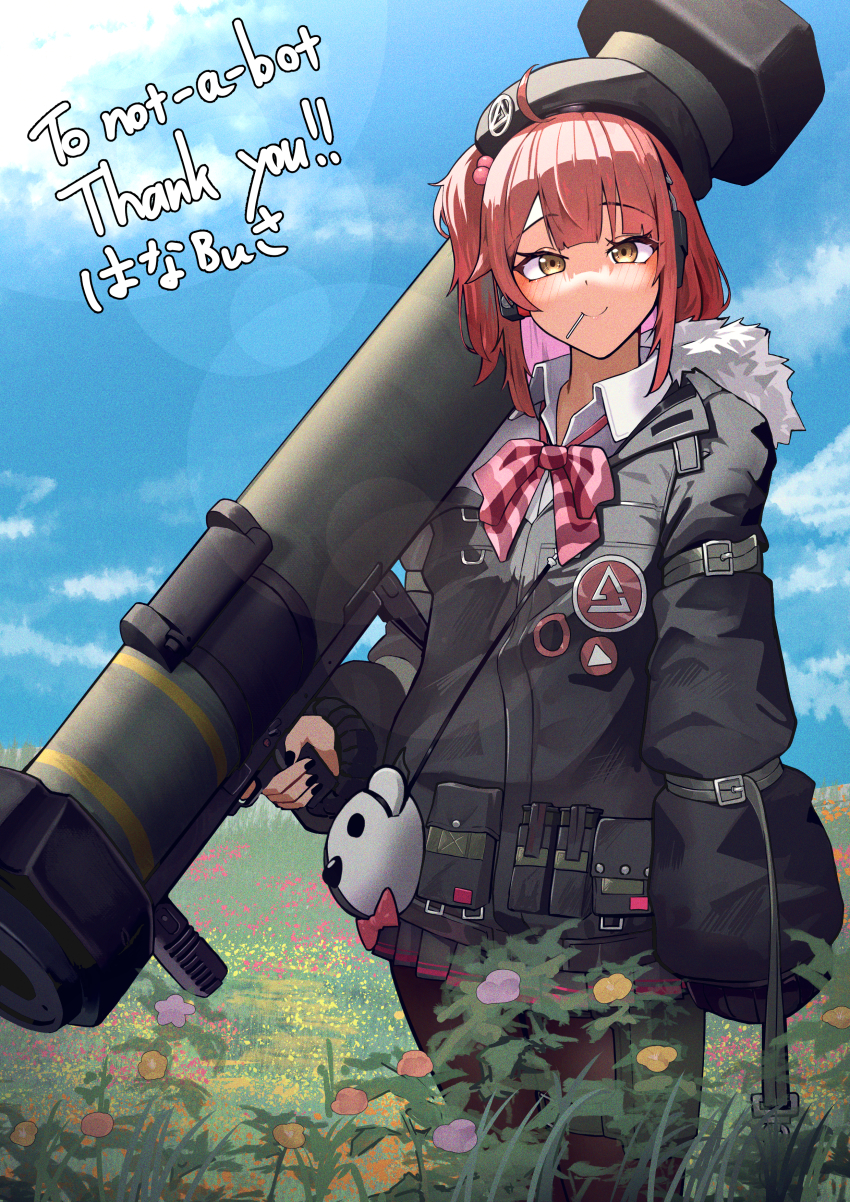 1girl absurdres blush candy commission cowboy_shot fgm-148_javelin food girls&#039;_frontline hanabusaraleigh highres lollipop man-portable_anti-tank_systems medium_hair missile_launcher mp7_(girls&#039;_frontline) pantyhose red_hair ribbon rocket_launcher skeb_commission smile solo weapon yellow_eyes