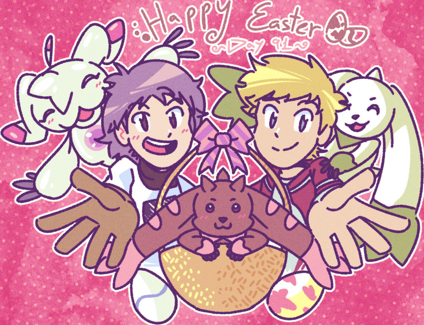 closed_eyes digimon digimon_(creature) digimon_adventure_02 digimon_adventure_02:_digimon_hurricane_jouriku!!_chouzetsu_shinka!!_ougon_no_digimental digimon_adventure_02:_the_beginning easter easter_egg egg horns looking_at_viewer lopmon owada_rui rabbit smile terriermon ukkomon wallace_(digimon)