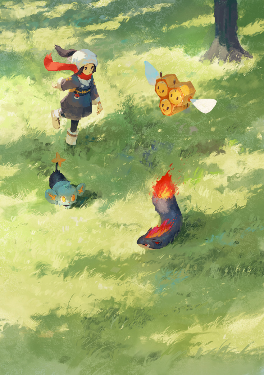 1girl akari_(pokemon) black_hair black_sash closed_mouth combee commentary_request day fjsmu floating_scarf gen_2_pokemon gen_4_pokemon grass grey_jacket grey_skirt headscarf highres jacket long_hair loose_socks nintendo outdoors pokemon pokemon_(creature) pokemon_legends:_arceus ponytail quilava red_scarf sash scarf shinx sidelocks skirt smile socks standing tree white_headscarf white_headwear white_legwear