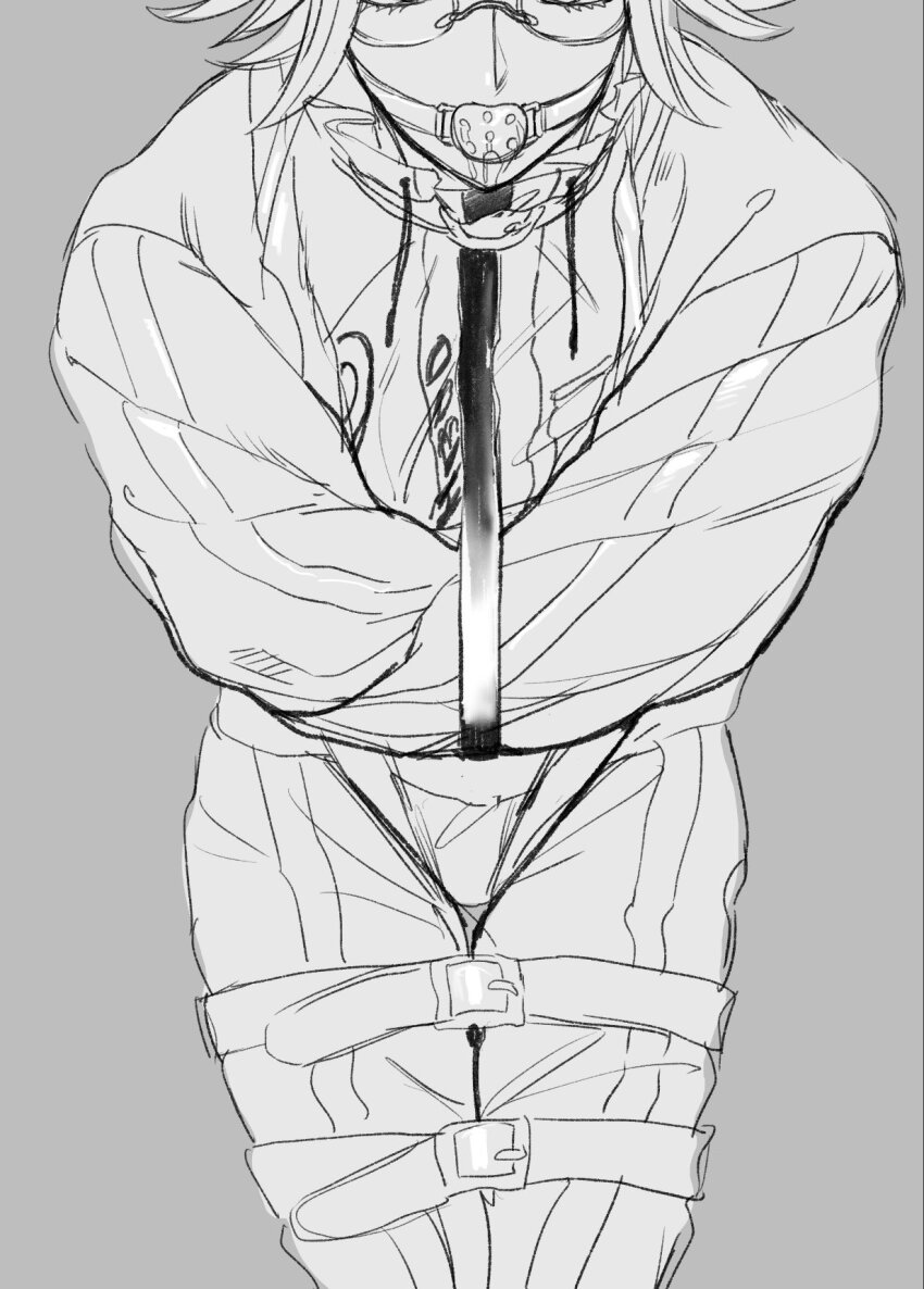 1boy aotsuki_eito ball_gag bdsm bondage bound bound_arms bound_legs drooling gag gagged gagged_male glasses grey_background greyscale highres male_focus monochrome saliva simple_background solo solo_focus straightjacket the_hundred_line_-last_defense_academy-