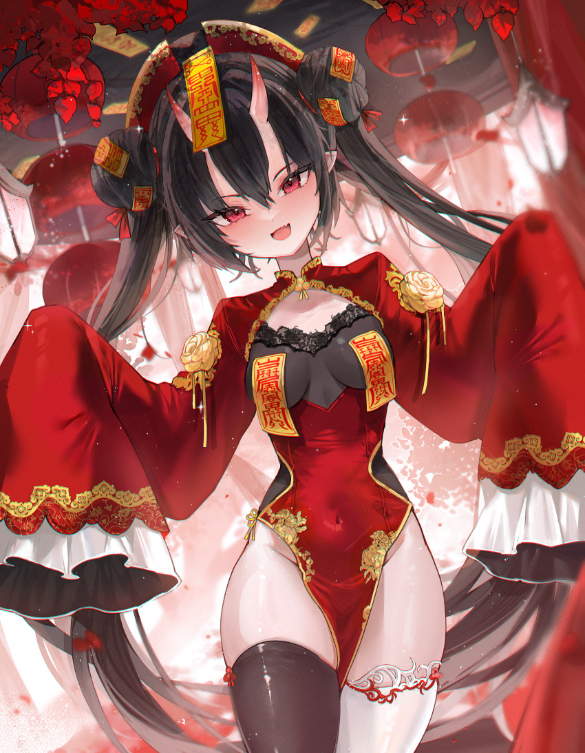 1girl absurdres asymmetrical_legwear black_bodysuit black_hair black_thighhighs bodysuit breasts breasts_apart china_dress chinese_clothes clothing_cutout commission covered_navel cowboy_shot demon_horns double_bun dress fang framed_breasts gold_trim gurami_(zangizarang) hair_between_eyes hair_bun hands_up hat highres horns lantern long_hair long_sleeves looking_at_viewer mismatched_legwear no_bra no_panties ofuda ofuda_on_nipples open_mouth original paper_lantern pasties pelvic_curtain pointy_ears qingdai_guanmao red_dress red_eyes second-party_source side_cutout sidelocks skindentation sleeves_past_fingers sleeves_past_wrists small_breasts smile solo standing thighhighs thighs twintails very_long_hair white_thighhighs wide_sleeves