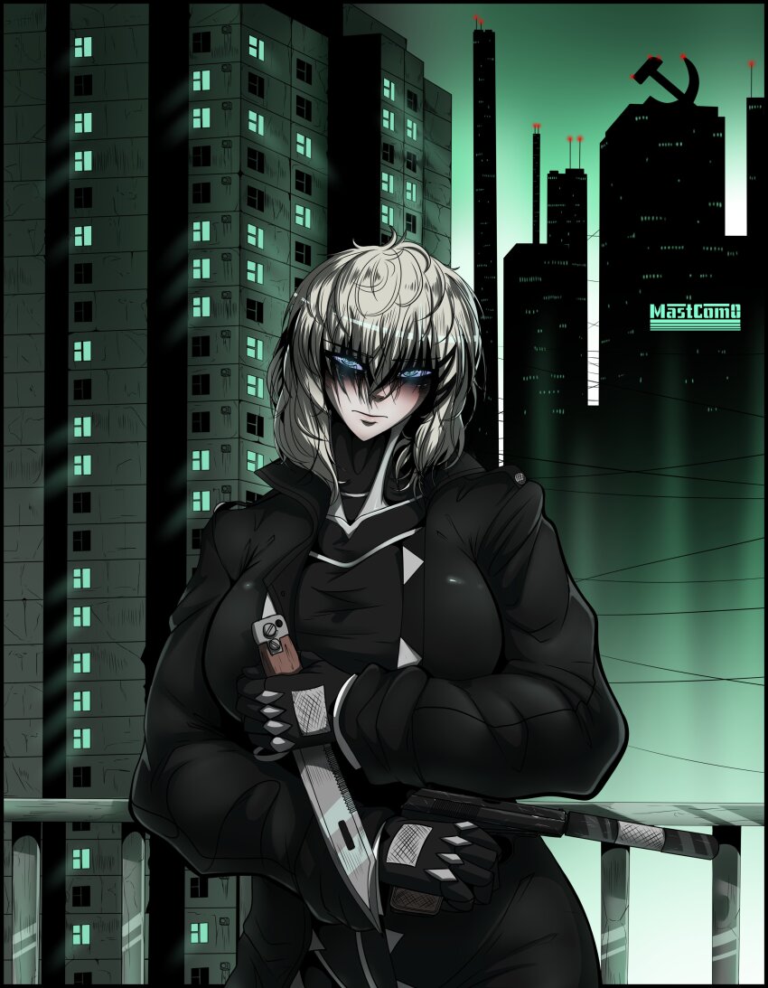 1girl absurdres bags_under_eyes black_bodysuit blue_eyes bodysuit breasts coat cyberpunk gun hair_ornament hairclip handgun highres holding holding_gun holding_knife holding_weapon knife large_breasts looking_at_viewer marie_(peripeteia) mastcom0 medium_hair open_clothes open_coat peripeteia popped_collar ringed_eyes solo standing trench_coat triangle_button weapon white_hair