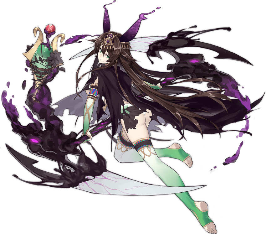 1girl ancient_egyptian ark_order ass black_cloak breast_curtain breasts bridal_gauntlets brown_hair cloak darkness elbow_gloves feet full_body gloves gold_trim gradient_legwear green_eyes green_nails green_thighhighs hair_flaps headpiece holding holding_scythe horns kneepits kzhu large_breasts legs liquid_horns long_hair looking_at_viewer official_art osiris_(ark_order) panties purple_horns scythe sidelocks solo stirrup_legwear tachi-e thighhighs toeless_legwear transparent_background underwear variant_set very_long_hair white_panties white_thighhighs