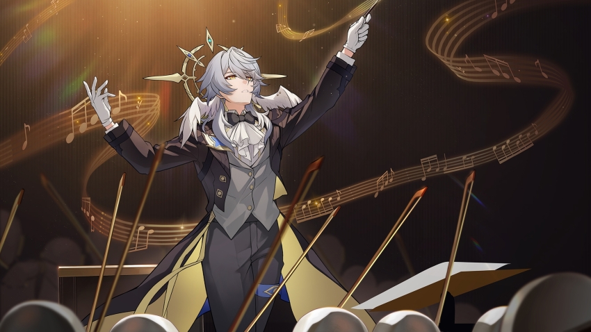 1boy alternate_costume black_suit feathered_wings formal_clothes gloves grey_hair hair_between_eyes halo halo_behind_head head_wings highres honkai:_star_rail honkai_(series) instrument jewelry jigboom long_hair long_sleeves male_focus parted_lips solo spiked_halo suit sunday_(honkai:_star_rail) white_gloves white_wings wings yellow_eyes