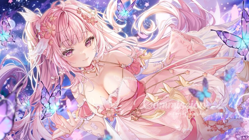 1girl bare_shoulders blush breasts bug butterfly cleavage closed_mouth collarbone commentary commission dated detached_sleeves dress english_commentary fingernails full_body hand_up high_heels highres indie_virtual_youtuber insect isari_sensei large_breasts light_smile long_hair looking_at_viewer nail_polish pink_dress pink_hair pink_nails purple_butterfly purple_eyes shoes sleeveless sleeveless_dress solo star_(symbol) star_in_eye symbol_in_eye tassel twitter_username very_long_hair virtual_youtuber white_shoes