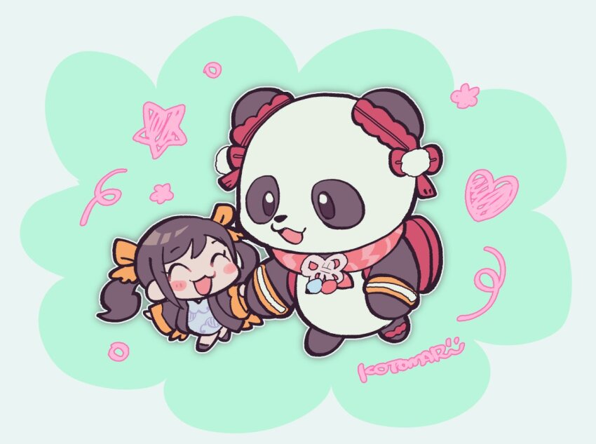 1girl bear black_eyes black_jacket blush_stickers bracelet bright_pupils bun_cover chibi chibi_only closed_eyes happy holding_hands jacket jewelry kotorai ling_xiaoyu open_mouth panda_(tekken) signature tekken tekken_8 twintails white_pupils