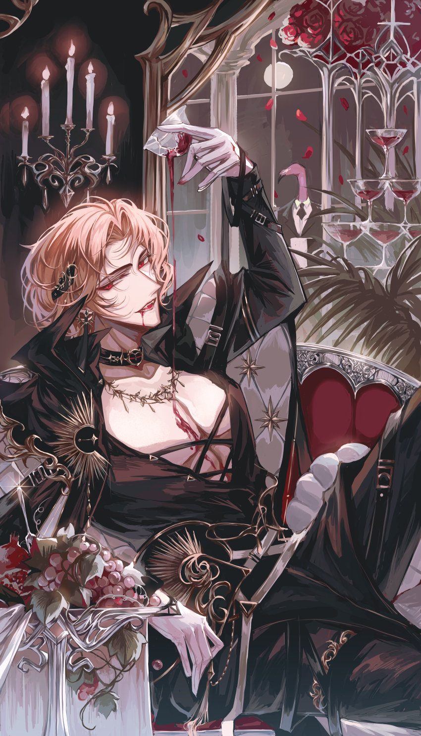 1boy 1other :d absurdres alcohol alternate_eye_color animal_head bird black_cape black_choker black_hat black_pants black_shirt blonde_hair blood blood_from_mouth blush broken_glass butler candelabra candle candlestand cape champagne_tower choker couch cowboy_shot crescent crescent_hair_ornament cross-laced_clothes cup curtained_hair drinking_glass earrings falling_petals fangs flamingo flower food fruit full-face_blush glass gloves gold_necklace gold_trim grape_vine grapes hair_ornament hat highres holding holding_cup indoors jewelry knee_up lars_rorschach leaf_necklace long_sleeves looking_at_viewer lovebrush_chronicles male_focus muntins necklace open_mouth pants parted_bangs peaked_cap pectoral_cleavage pectorals petals plant plunging_neckline pomegranate pouring pouring_onto_self reclining red_eyes red_flower red_rose rose shirt short_hair sideways_glance smile snow234 solo star_(symbol) teeth thigh_strap tray unworn_hat unworn_headwear vampire white_gloves window wine wine_glass