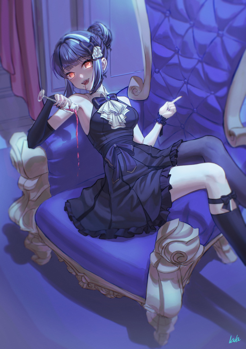 1girl absurdres bare_shoulders blood blood_on_face blue_hair breasts champagne_flute cup drinking_glass hair_bun halloween highres indie_virtual_youtuber lala_2080 lilpa long_hair looking_at_viewer multicolored_hair open_mouth orange_eyes smile solo streaked_hair virtual_youtuber