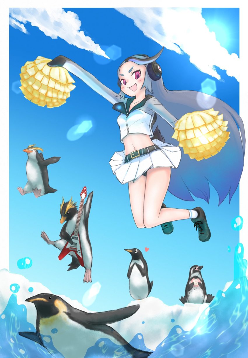 1girl adapted_costume aotsuki_tsutome bird black_shoes cheerleader commentary_request crop_top electric_guitar food forehead giant_penguin_(kemono_friends) grey_hair grey_shirt guitar headphones highres iceberg instrument japari_bun kemono_friends long_hair long_sleeves midair midriff multicolored_hair navel penguin pleated_skirt pom_pom_(cheerleading) red_eyes shirt shoes skirt sneakers socks solo white_shirt white_skirt white_socks