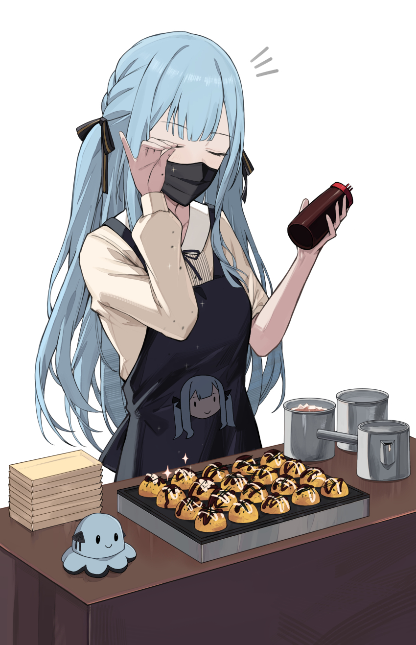 1girl absurdres apron bang_dream! bang_dream!_it&#039;s_mygo!!!!! black_apron black_mask black_ribbon blue_hair braid brown_shirt character_doll closed_eyes doll food hair_ribbon haizou_bingsan highres long_hair long_sleeves mask meme mouth_mask ribbon salt_bae_(meme) shirt sidelocks simple_background sleeve_rolled_up solo takoyaki takoyaki_pan togawa_sakiko two_side_up white_background