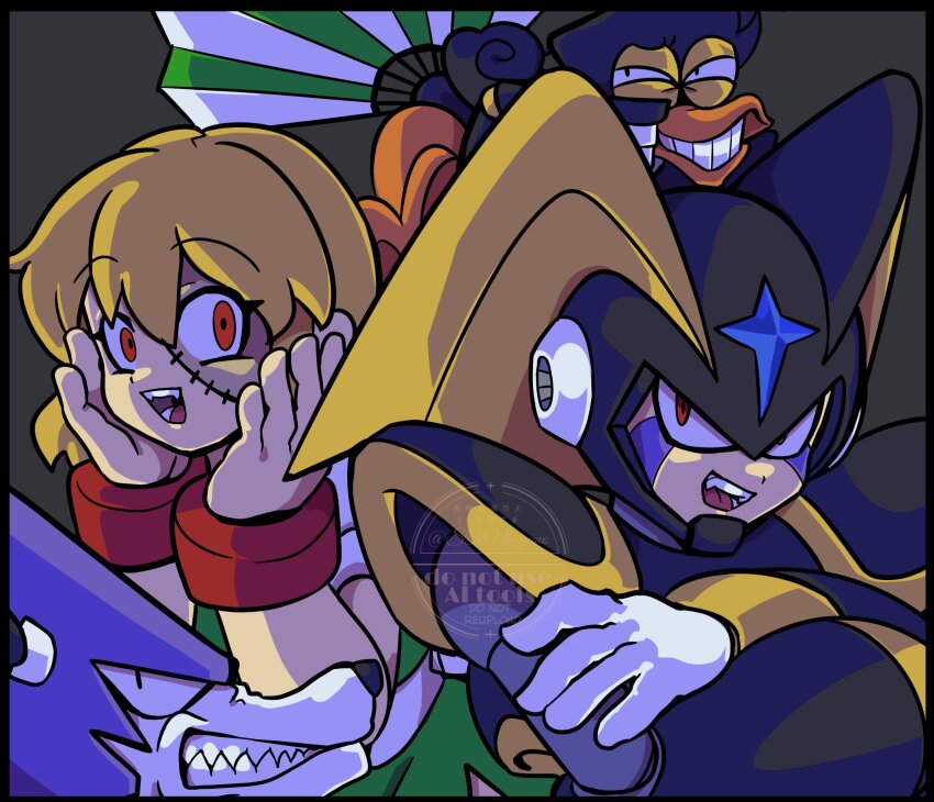 1boy 1girl armor bass_(mega_man) black_armor black_helmet blonde_hair facial_mark fins forehead_jewel grey_background group_picture head_fins helmet highres mega_man_(classic) mega_man_(series) non-humanoid_robot piano_(srnhuyuno) red_eyes robot robot_animal robot_bird robot_dog scar scar_on_face sharp_teeth short_hair shoulder_armor simple_background srnhuyuno stitched_face stitches teeth treble_(mega_man) upper_body