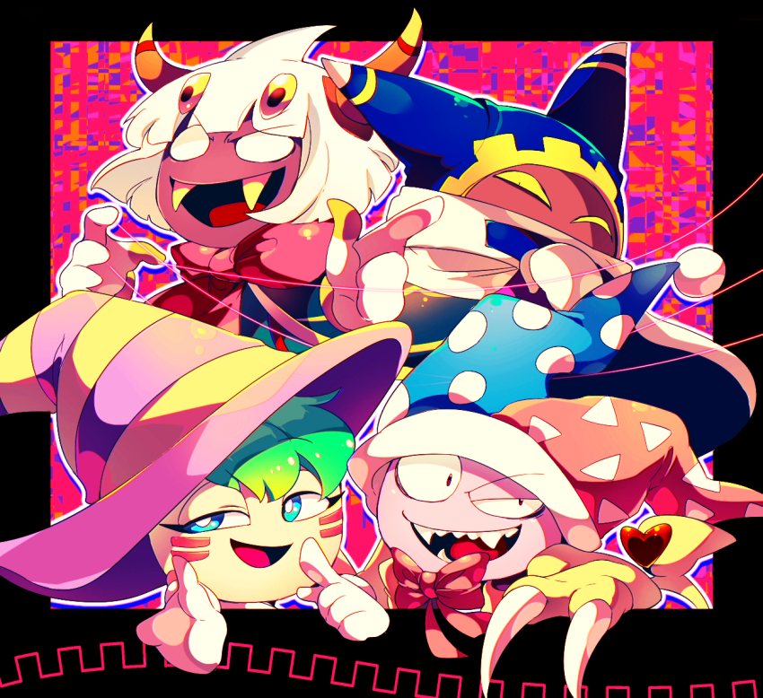 abstract_background ahoge animal_ears animal_hands ascot belt belt_collar black_background blonde_hair blue_belt blue_cape blue_eyes blue_headwear blue_hood blunt_bangs blunt_ends bow bowtie cape claws collar colored_sclera colored_skin colored_tips commentary_request covered_mouth dark_skin extra_eyes eyelashes fangs fur-trimmed_headwear fur_trim gear_print gloves green_cape green_hair gryll_(kirby) half-closed_eye half-closed_eyes hat heart horns jester_cap kirby_(series) looking_at_viewer magolor marking_on_cheek marx_(kirby) marx_(true_form)_(kirby) multicolored_hair nintendo no_humans open_mouth outline outstretched_hand pointing pointing_at_self polka_dot_headwear pom_pom_(clothes) purple_eyes purple_headwear purple_skin rayman_limbs red_ascot red_background red_bow red_bowtie red_headwear scarf sharp_teeth shirushiki short_hair smile snapping_fingers solid_eyes solid_oval_eyes string striped_cape striped_clothes striped_headwear taranza teeth triangle_print two-sided_cape two-sided_fabric two-tone_background two-tone_headwear v-shaped_eyebrows very_short_hair white_cape white_eyes white_gloves white_hair white_outline white_scarf wide-eyed witch_hat yellow_eyes yellow_headwear yellow_horns yellow_sclera yellow_wings