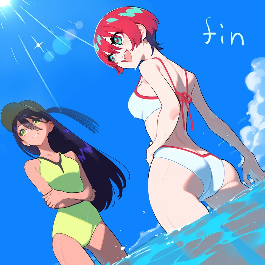 2girls absurdres amate_yuzuriha aqua_eyes ass back bare_shoulders baseball_cap bikini blue_sky blush bob_cut breasts cloud commentary_request day gundam gundam_gquuuuuux hair_between_eyes hand_on_own_hip hat highres kisaragi_shokuin long_hair looking_up median_furrow multiple_girls nyaan_(gundam_gquuuuuux) ocean one-piece_swimsuit one_side_up open_mouth outdoors purple_hair red_hair short_hair shoulder_blades sky smile standing swimsuit wading water wet white_bikini yellow_eyes yellow_one-piece_swimsuit