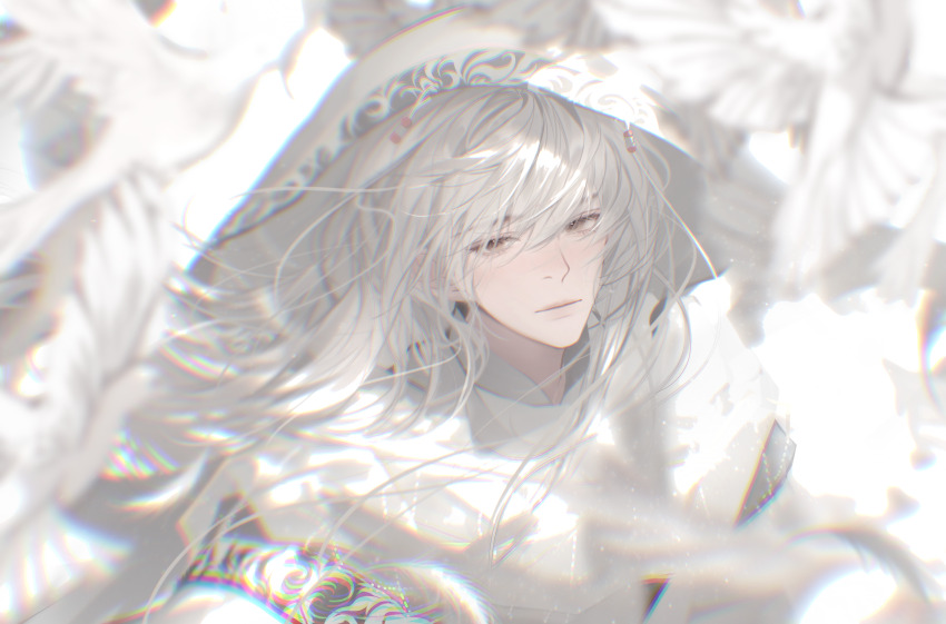 1boy absurdres bird blurry blurry_background blurry_foreground chinese_clothes closed_mouth floating_hair grey_eyes hair_between_eyes hanfu highres jinguang_budaixi light_particles long_hair looking_at_viewer male_focus portrait qiao_rulai solo swept_bangs three_quarter_view turkey223333 veil white_bird white_hanfu white_veil