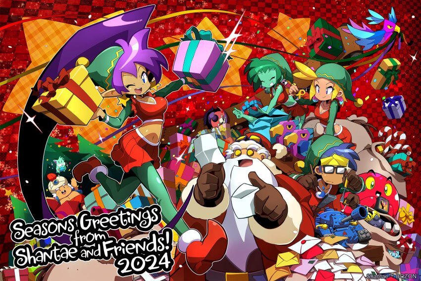 3girls 4boys ;) bandana beard blonde_hair blue_eyes blue_hair blue_skin bolo_(shantae) boots box breasts christmas cleavage colored_skin crop_top dark-skinned_female dark_skin earrings facial_hair gift gift_box glasses gloves green_hair green_skin hat highres holding hoop_earrings jewelry long_hair looking_at_viewer matt_bozon merry_christmas midriff multiple_boys multiple_girls navel one_eye_closed open_mouth pants pantyhose pointy_ears ponytail purple_hair robot sack santa_costume santa_hat shantae shantae_(series) shirt short_hair skirt skull_earrings sky_(shantae) smile uncle_mimic