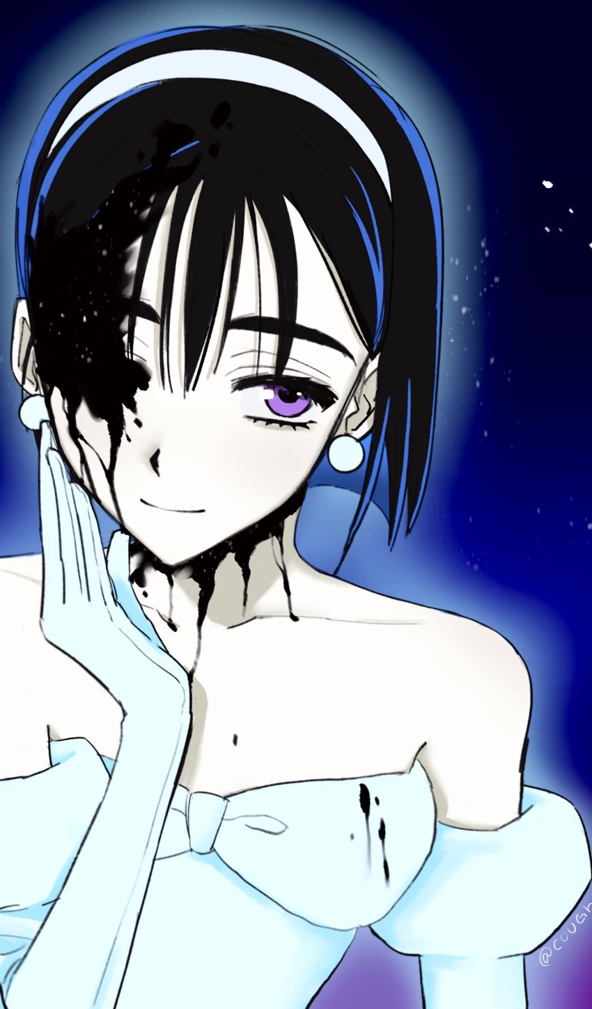 1girl absurdres alien_stage bare_shoulders black_blood black_hair blood blood_on_face blood_on_neck bob_cut c0ugh closed_mouth dress earrings gloves hairband hand_on_own_face highres jewelry juliet_sleeves long_sleeves puffy_sleeves purple_eyes short_hair smile solo sphere_earrings sua_(alien_stage) white_dress white_gloves white_hairband