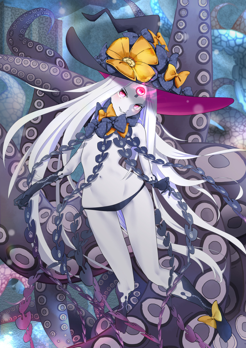 1girl abigail_williams_(fate) abigail_williams_(third_ascension)_(fate) absurdres bare_arms bare_legs bare_shoulders beatrix_vivi black_bow black_hat blonde_hair bow breasts collarbone elbow_gloves fate/grand_order fate_(series) flat_chest forehead gloves hair_between_eyes hair_bow hat highres keyhole long_hair looking_at_viewer multiple_hair_bows multiple_hat_bows octopus orange_bow panties parted_bangs polka_dot polka_dot_bow red_eyes simple_background smile solo suction_cups tentacles third_eye too_many_bows underwear witch_hat